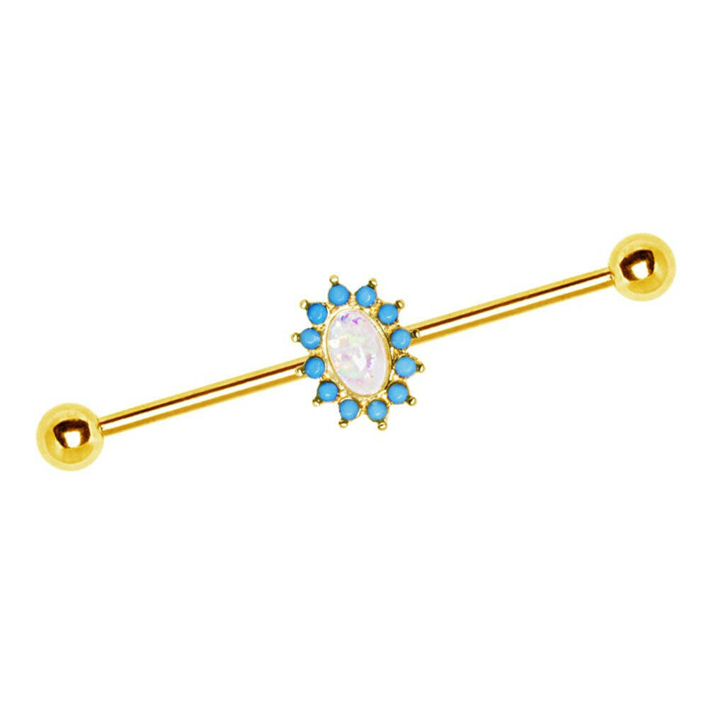 Gold Plated Halo White Synthetic Opal Industrial Barbell