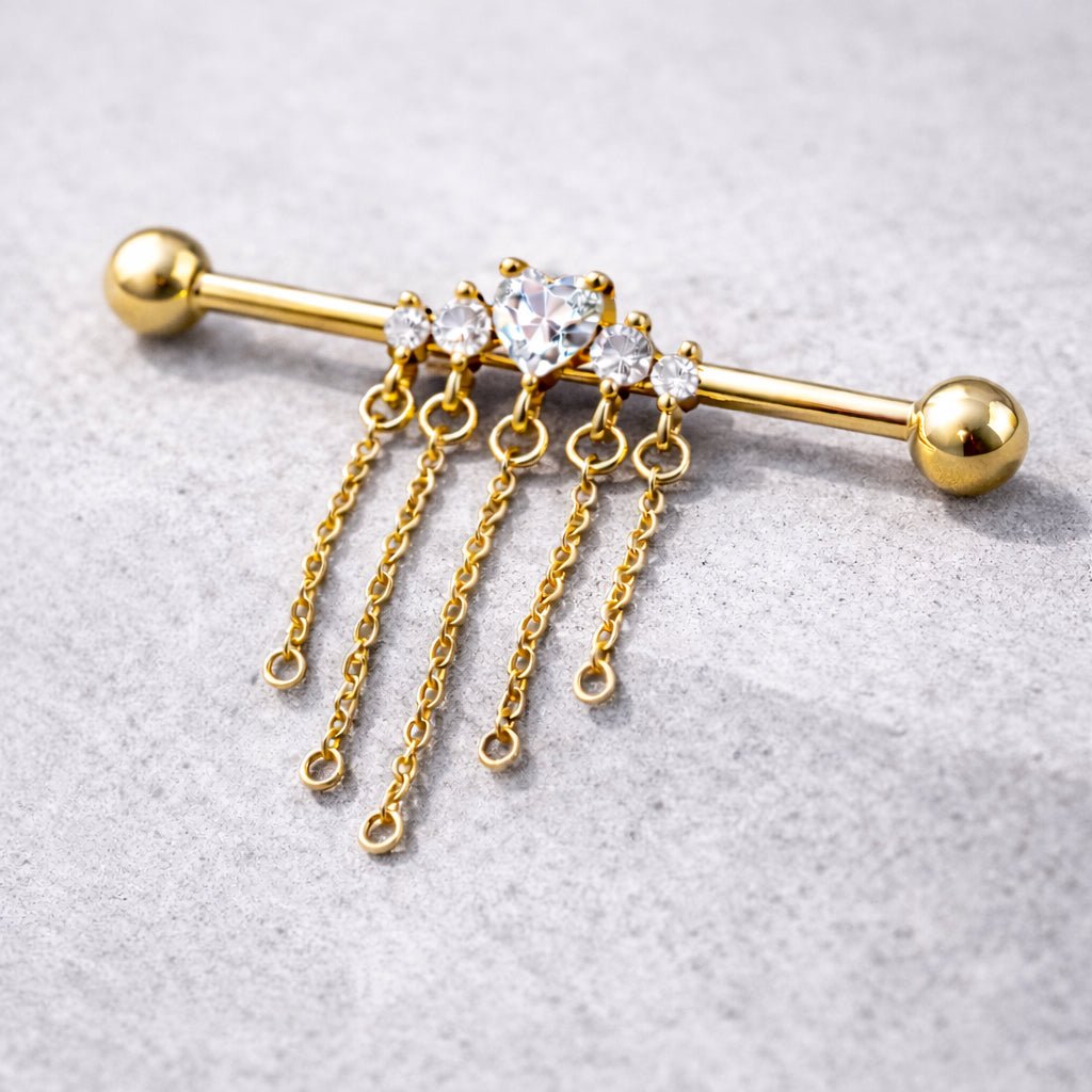 Gold Plated Jewel Accents and Dangling Chains Industrial Barbell