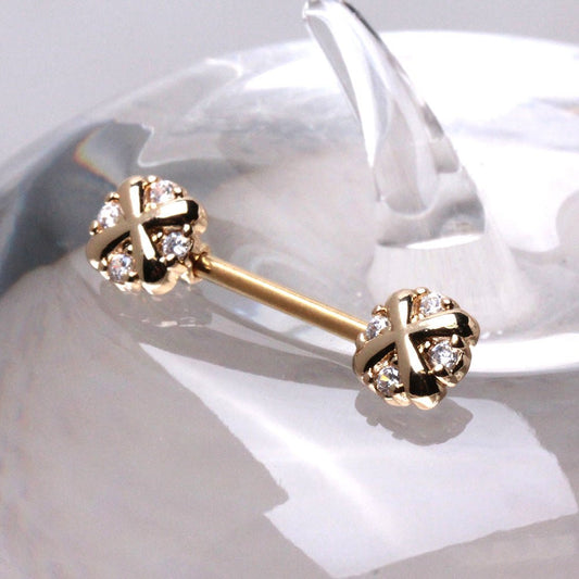 Gold Plated Jeweled Cross X Nipple Bar Nipple Ring Skin Metals