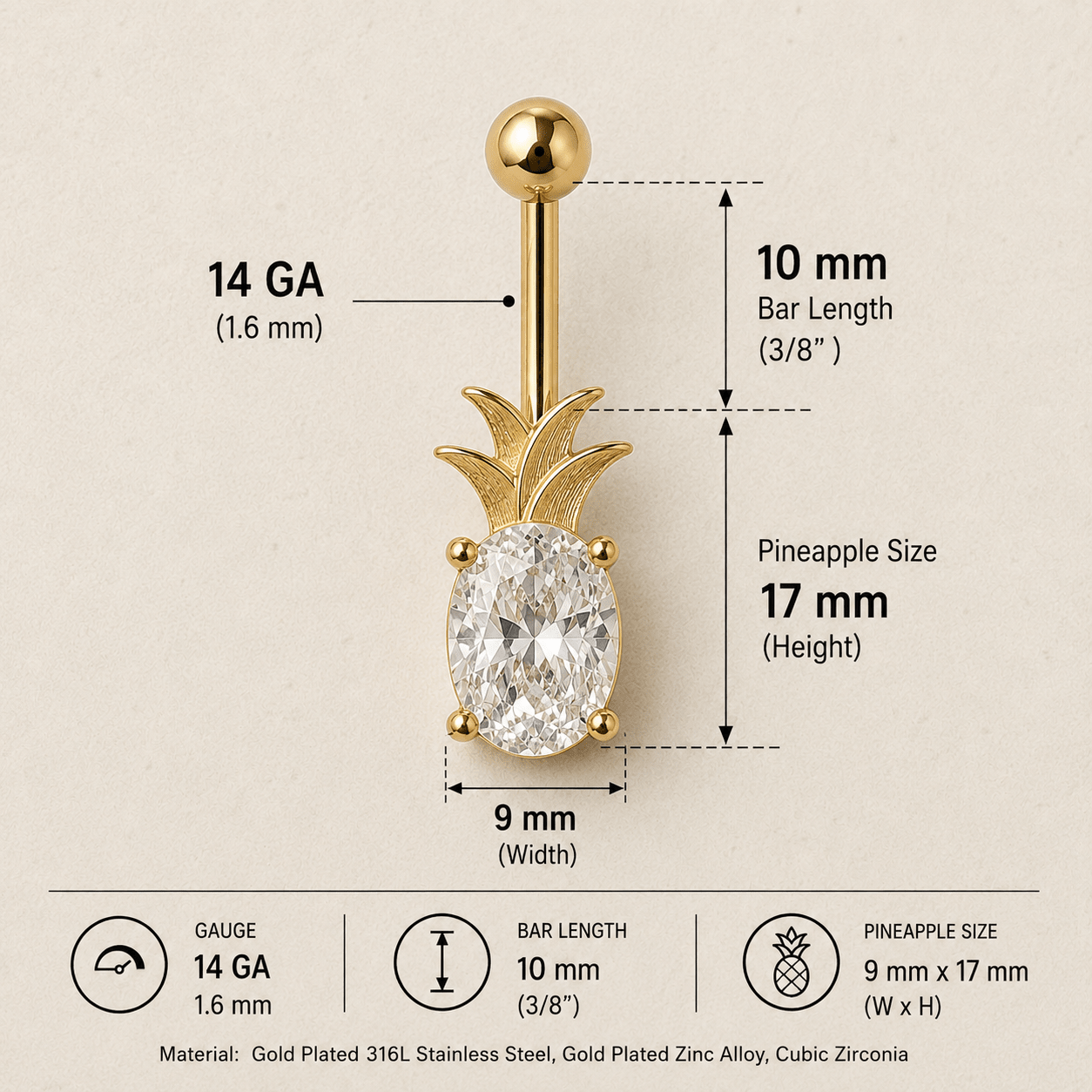 Gold Plated Jeweled Pineapple Navel Ring