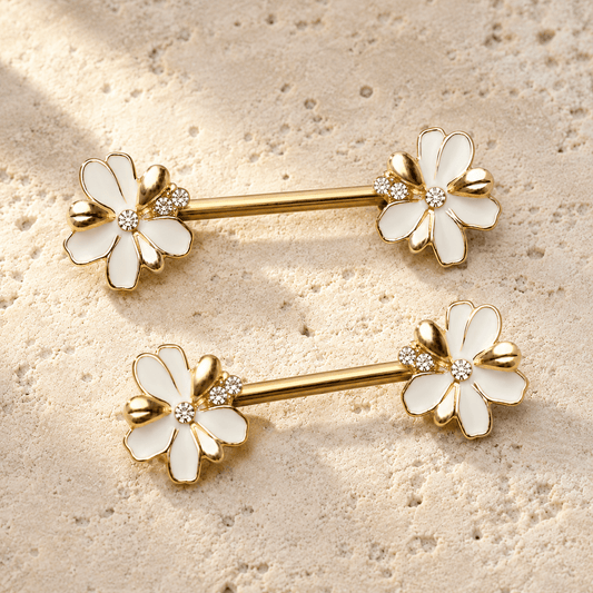 Gold Plated Jeweled White Flower Nipple Bar 14G Pair CZ