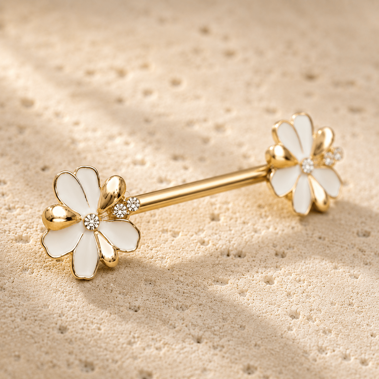 Gold Plated Jeweled White Flower Nipple Bar 14G Pair CZ