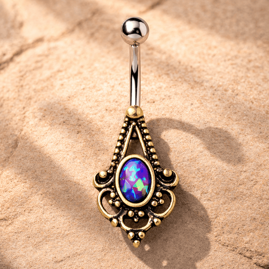 Gold Plated Medieval Style Navel Ring with Synthetic Opal