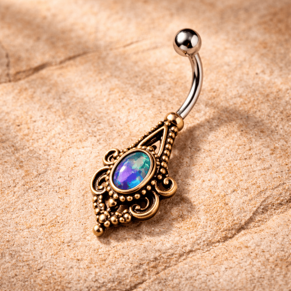 Gold Plated Medieval Style Navel Ring with Synthetic Opal