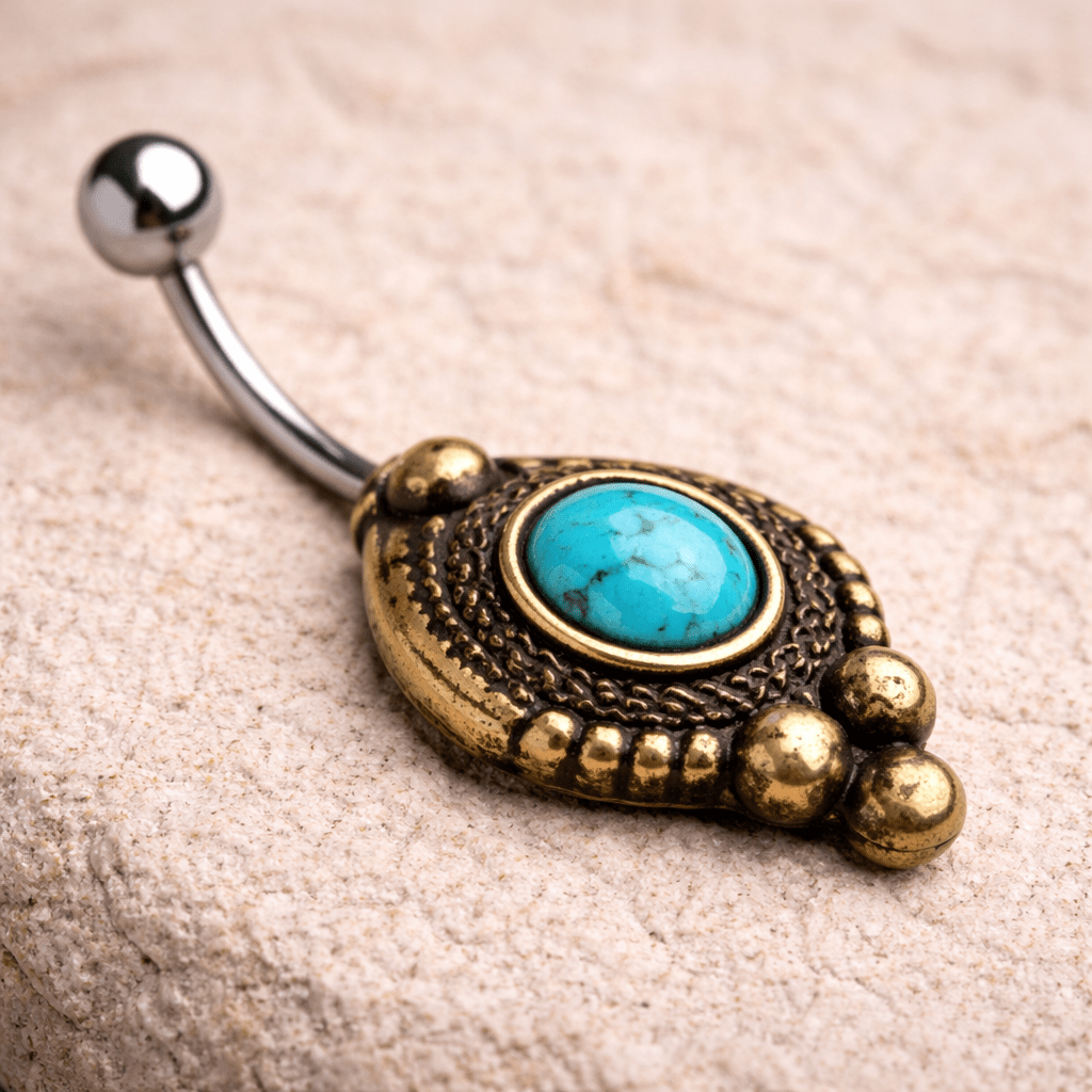 Gold Plated Medieval Style Navel Ring with Turquoise Stone Navel Ring Skin Metals