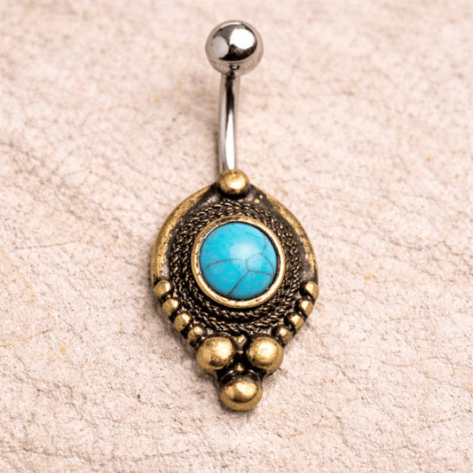Gold Plated Medieval Style Navel Ring with Turquoise Stone