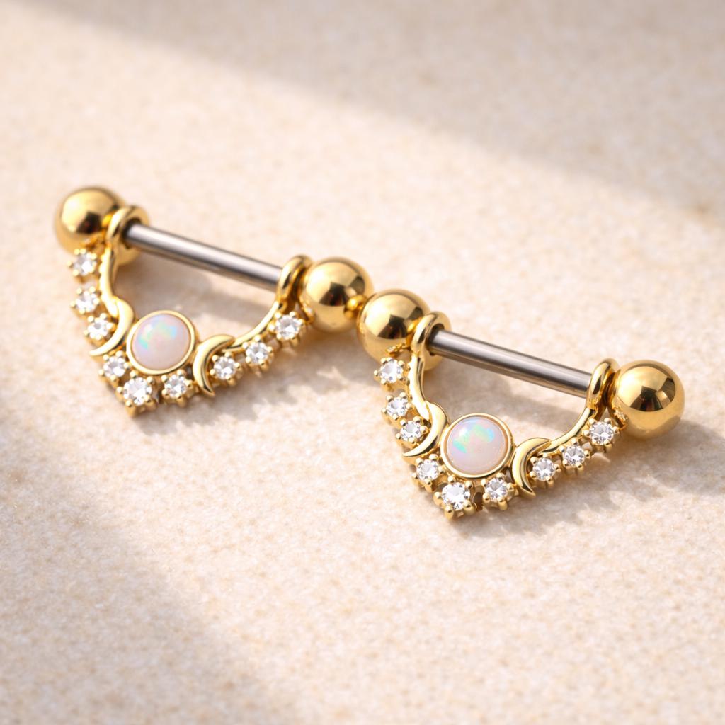 Gold Plated Multi Jeweled Moon and Stars Nipple Shield