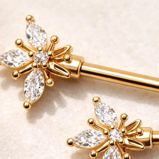 Gold Plated Ornate Flower Nipple Bar Nipple Rings Skin Metals