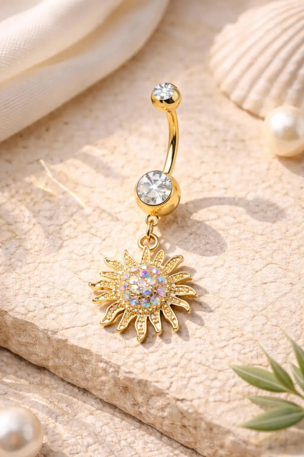 Gold Plated Shimmering Sunburst Dangle Navel Ring