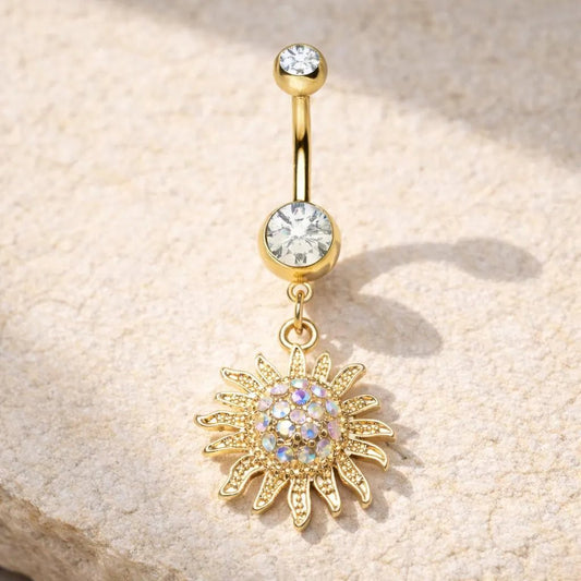 Gold Plated Shimmering Sunburst Dangle Navel Ring