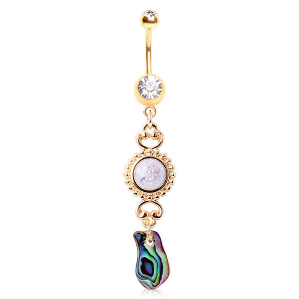 Gold Plated Sunburst Navel Ring with Synthetic Opal and Abalone Navel Ring Skin Metals