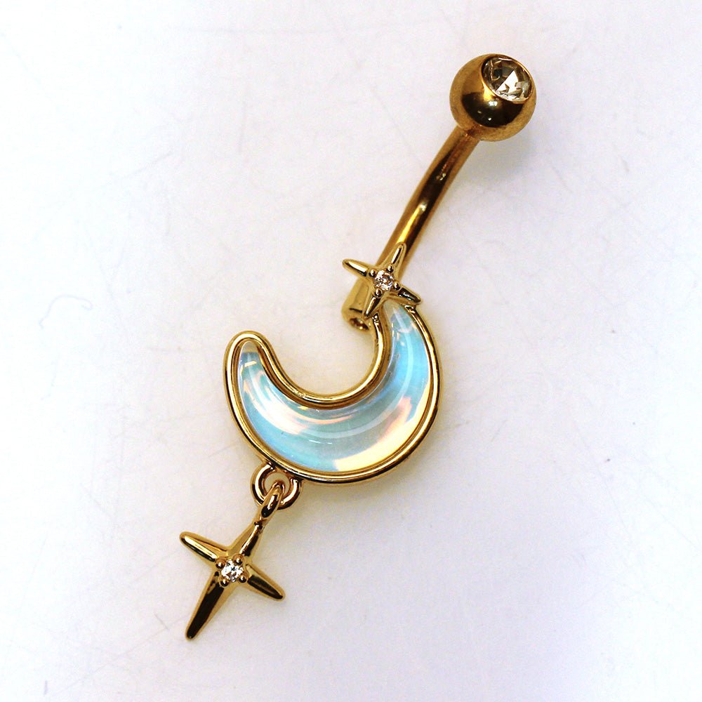 Gold Plated White Iridescent Moon & Stars Dangle Navel Ring Navel Ring Skin Metals