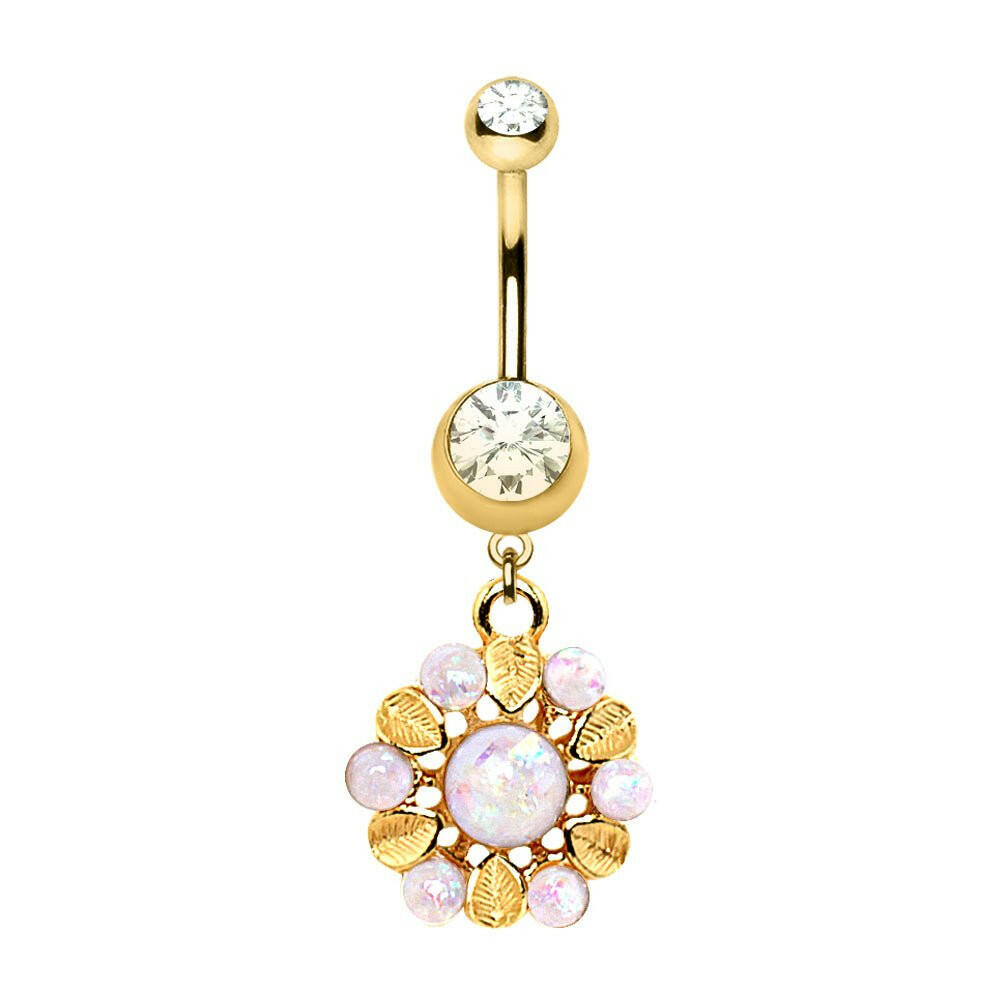 Gold Plated White Synthetic Opal Lavish Blossom Dangle Navel Ring Navel Ring Impulse Piercings