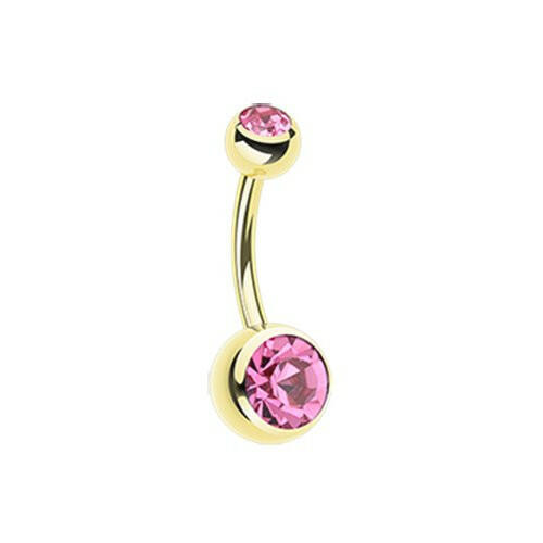 Gold PVD Double Gem Ball Steel Belly Button Ring Navel Ring Impulse Piercings Pink