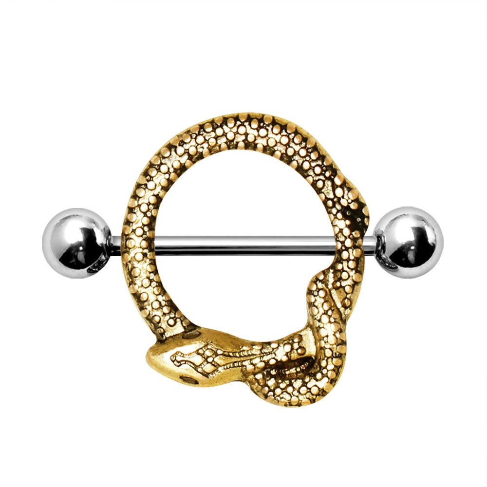 Gold Snake Nipple Shields 14G Nipple Rings Barbell Pair Gothic Body Jewelry - Skin Metals