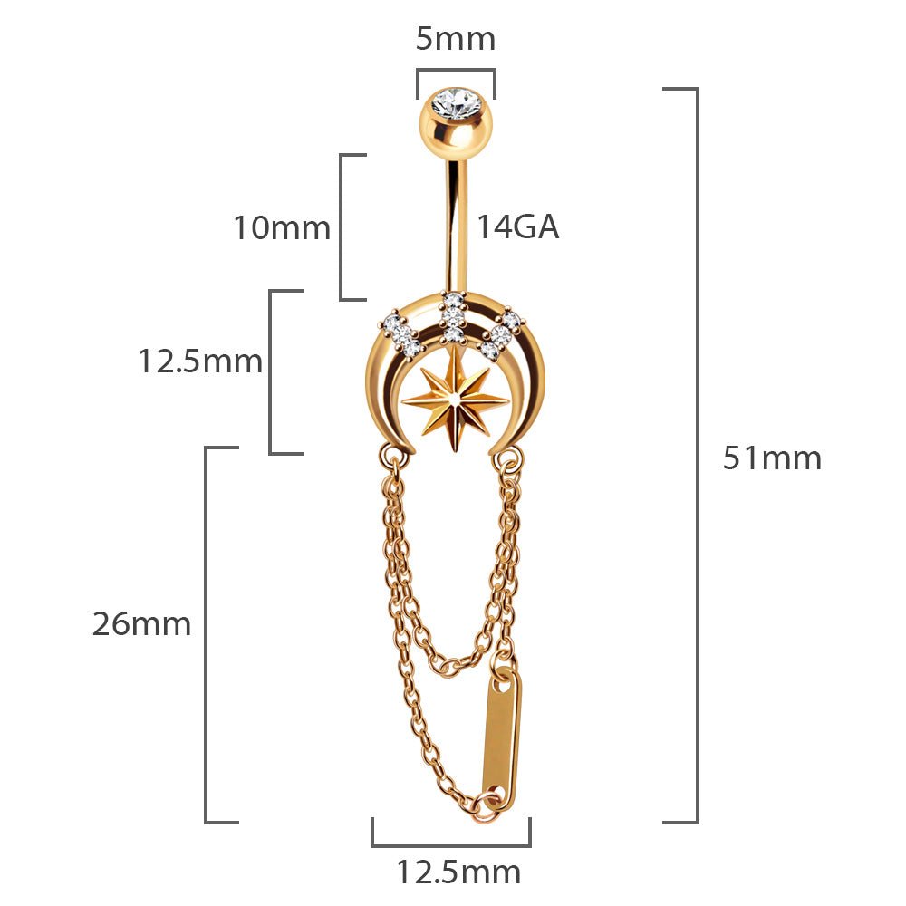 Gold Star Moon Belly Button Ring 14G Chain Dangle Navel Ring CZ Celestial Jewelry