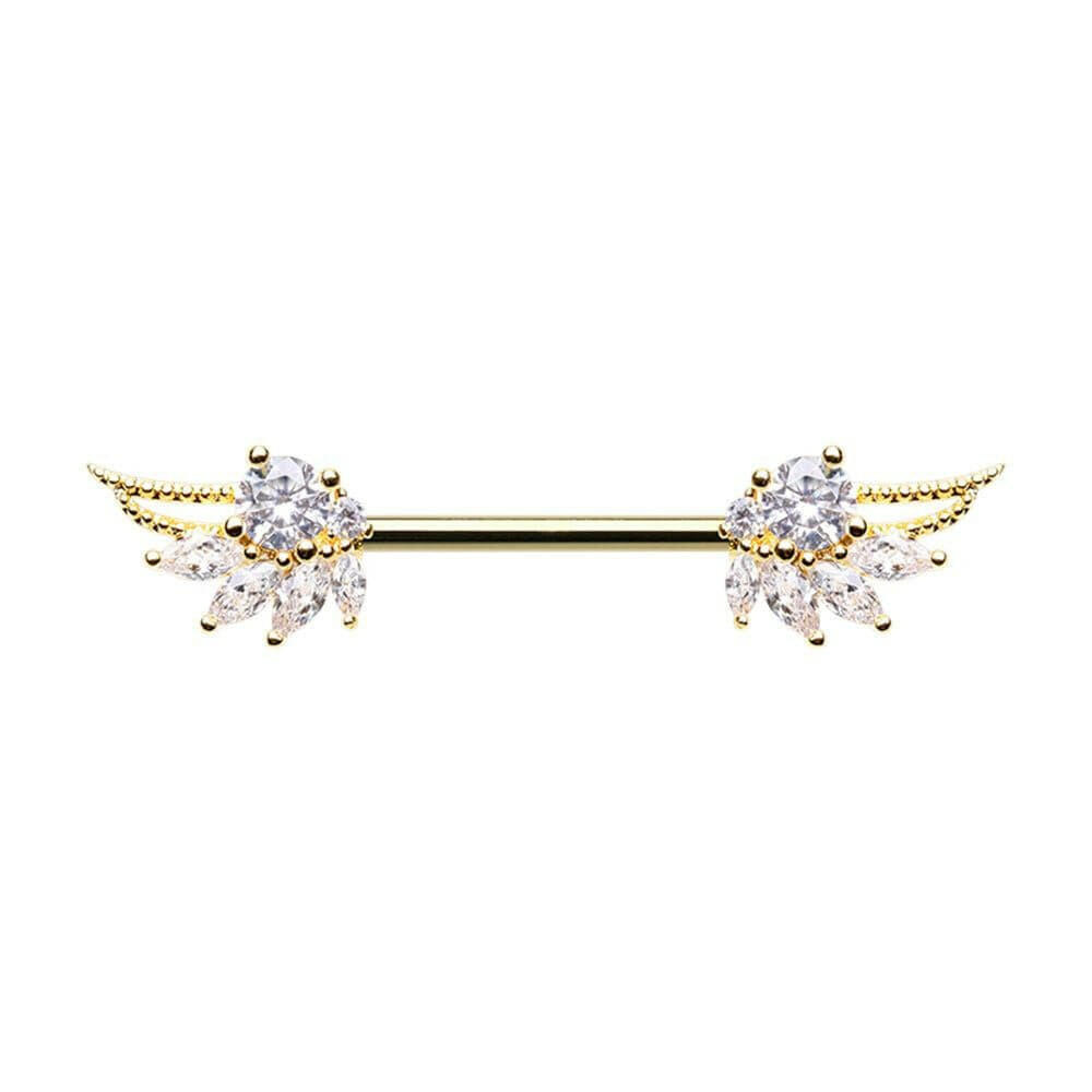 Golden Angelic Wings Gem Nipple Barbell Ring Nipple Ring Impulse Piercings