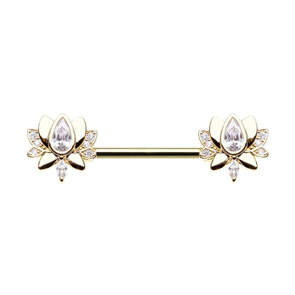 Golden Blooming Lotus Gem Nipple Barbell Ring Nipple Ring Impulse Piercings