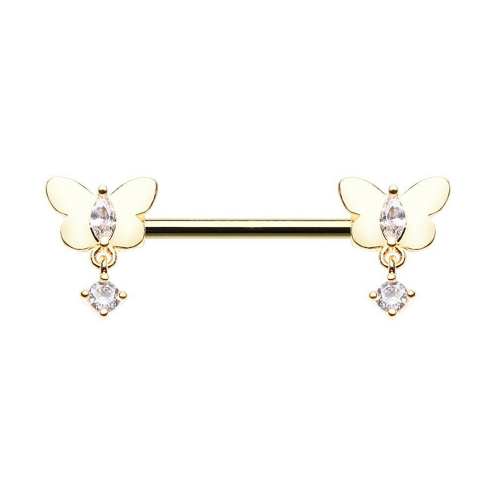 Golden Butterfly Dangle Gem Nipple Barbell Ring Nipple Ring Impulse Piercings