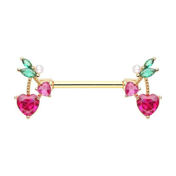 Golden Cherry Heart Drop Nipple Barbell Ring Nipple Ring Impulse Piercings 14 GA Length (16mm)