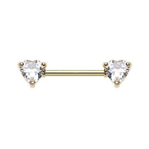 Golden Double Heart Gem Nipple Barbell Ring Nipple Ring Impulse Piercings 14 GA (1.6mm) Clear