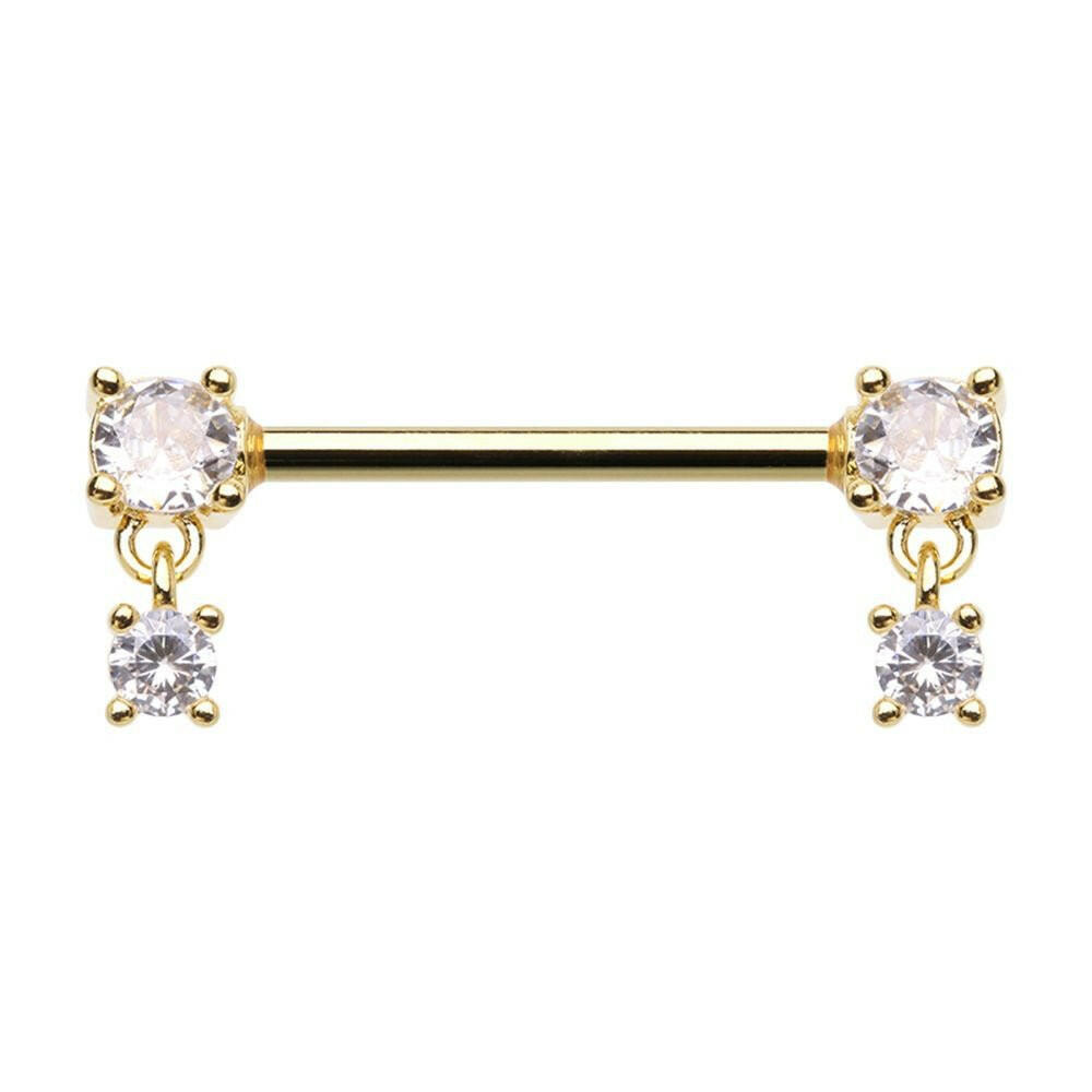 Golden Double Prong Dangle Cubic Zirconia Gem Nipple Barbell Ring Nipple Ring Impulse Piercings 14 GA Length (16mm)