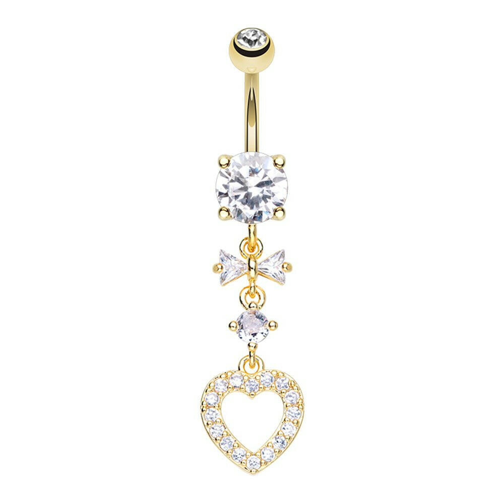 Golden Heart Bow CZ Drop Cubic Zirconia Belly Button Navel Ring Belly Button Ring Impulse Piercings