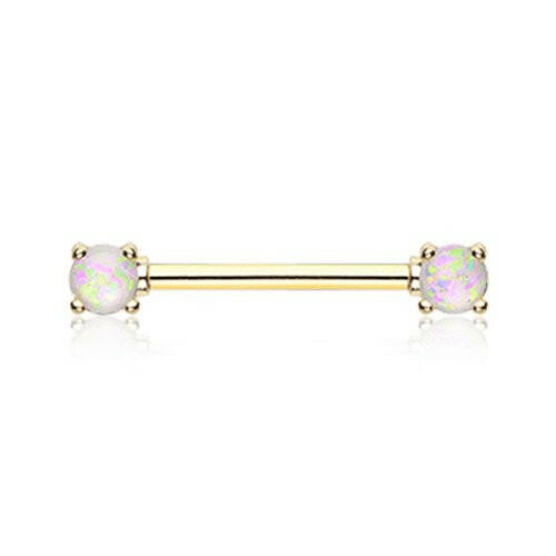 Golden Opal Glitter Prong Nipple Barbell Ring Nipple Ring Impulse Piercings 14 GA (1.6mm) White