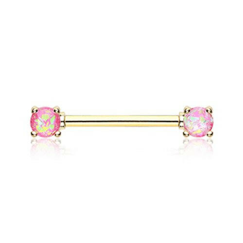 Golden Opal Glitter Prong Nipple Barbell Ring Nipple Ring Impulse Piercings 14 GA (1.6mm) Pink