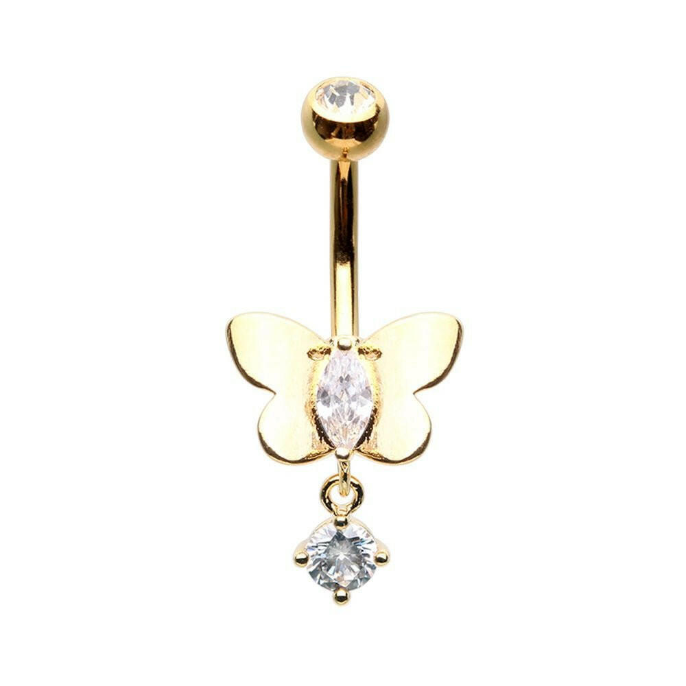 Golden Pristine Butterfly Dangle Drop Cubic Zirconia Belly Button Ring Navel Ring Impulse Piercings