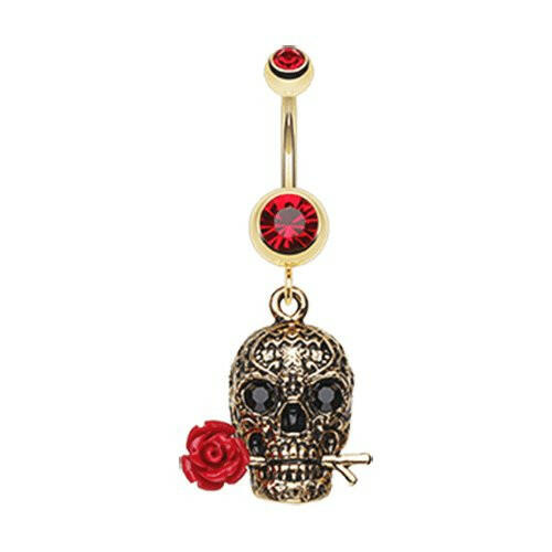 Golden Skull Rose Belly Button Ring Navel Ring Impulse Piercings Red