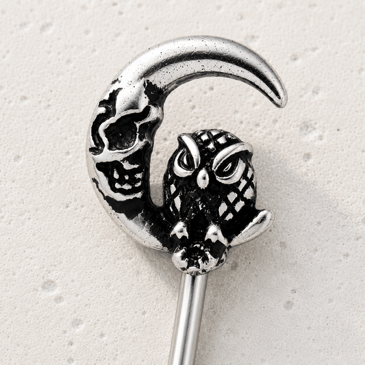 Gothic Owl Moon Skeleton Key Navel Ring 14G Black Plated