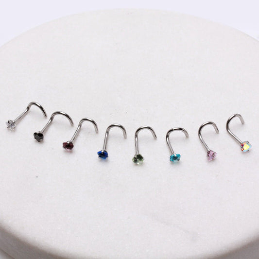 316L Stainless Steel Prong Set Heart CZ Screw Nose Ring - Skin Metals