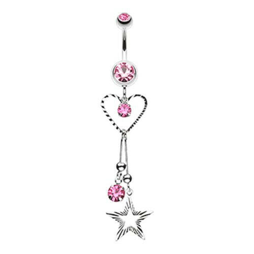 Heart & Star Sparkle Belly Button Ring Navel Ring Impulse Piercings Light Pink