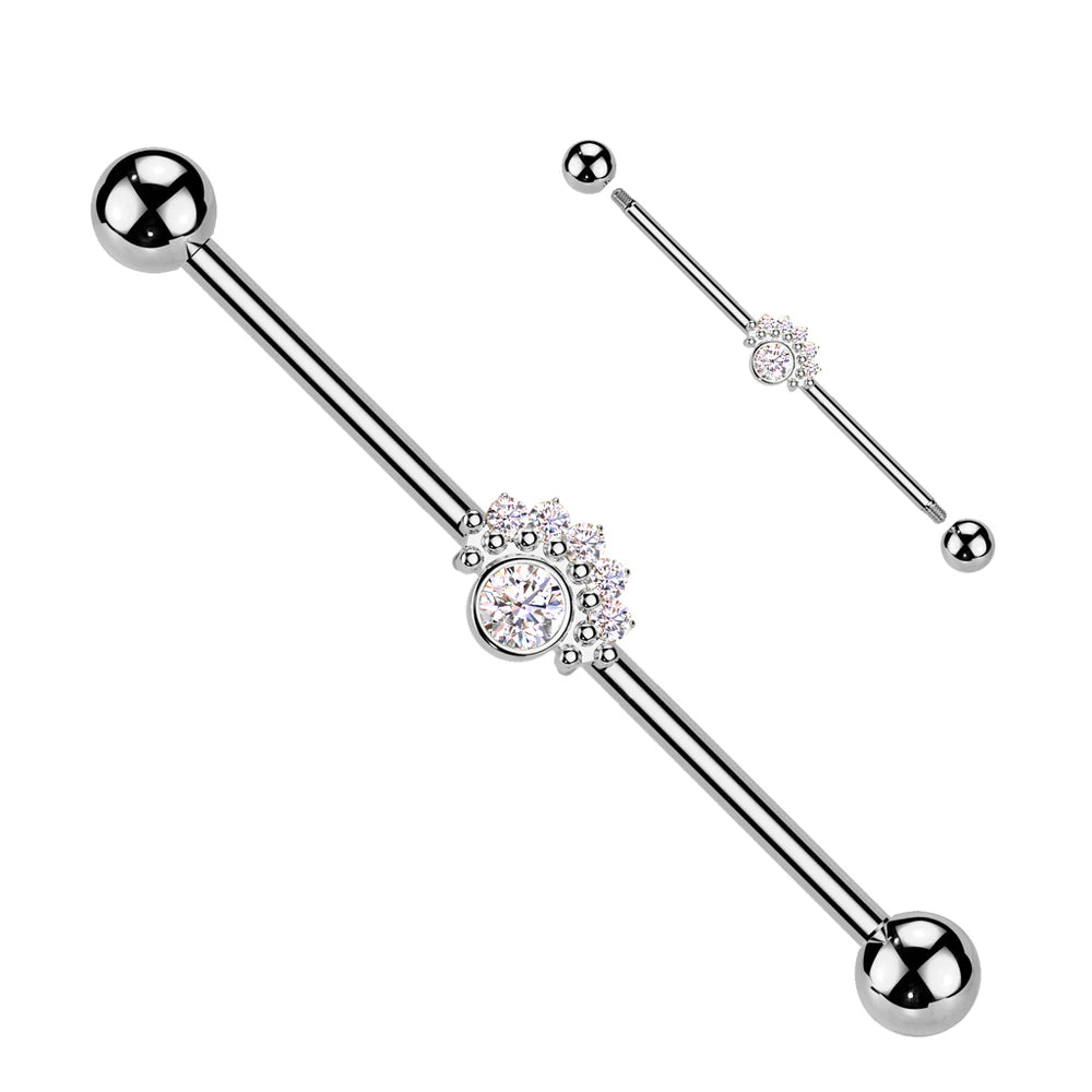 Surgical Steel CZ Fan With Big Round CZ Center Industrial Barbell Industrial Barbell Skin Metals