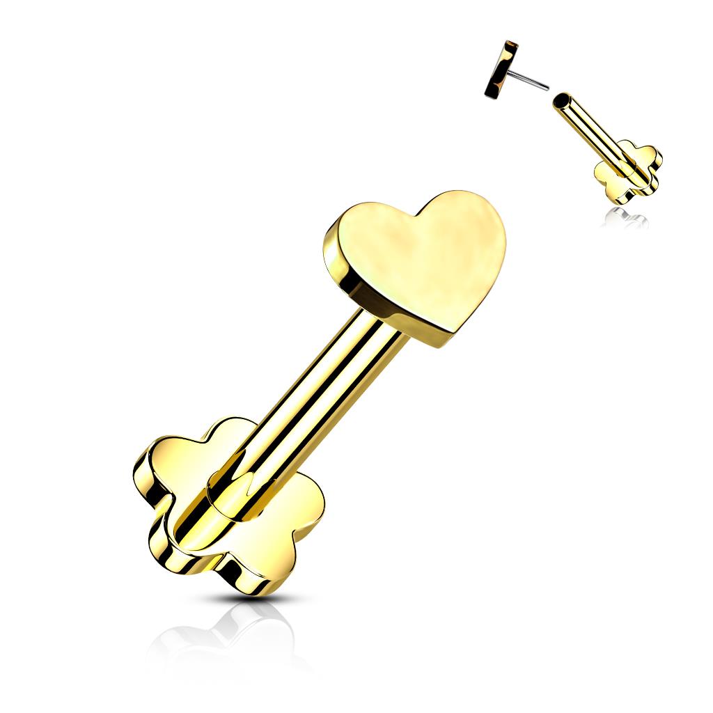 Implant Grade Titanium Threadless Push in Flower Base Labret With Heart Shaped Top Labret Skin Metals Gold
