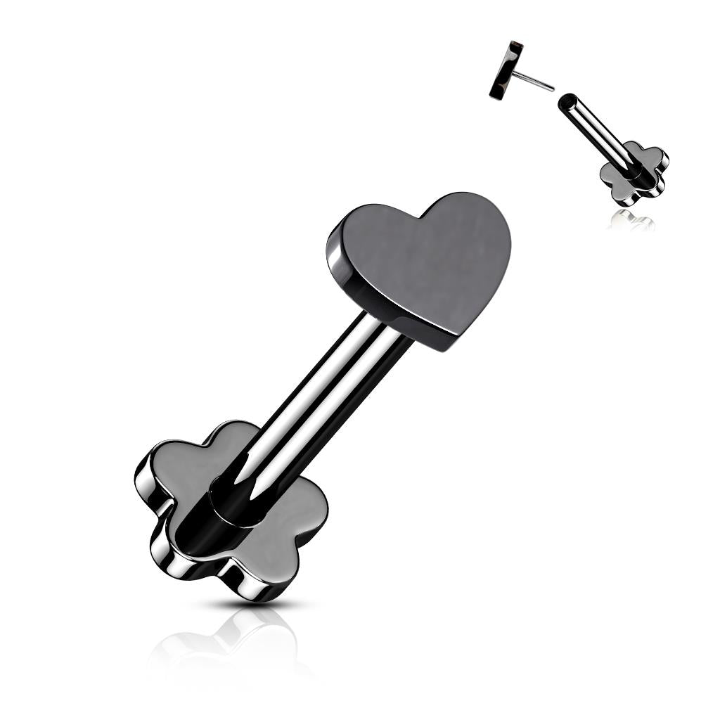 Implant Grade Titanium Threadless Push in Flower Base Labret With Heart Shaped Top Labret Skin Metals Black