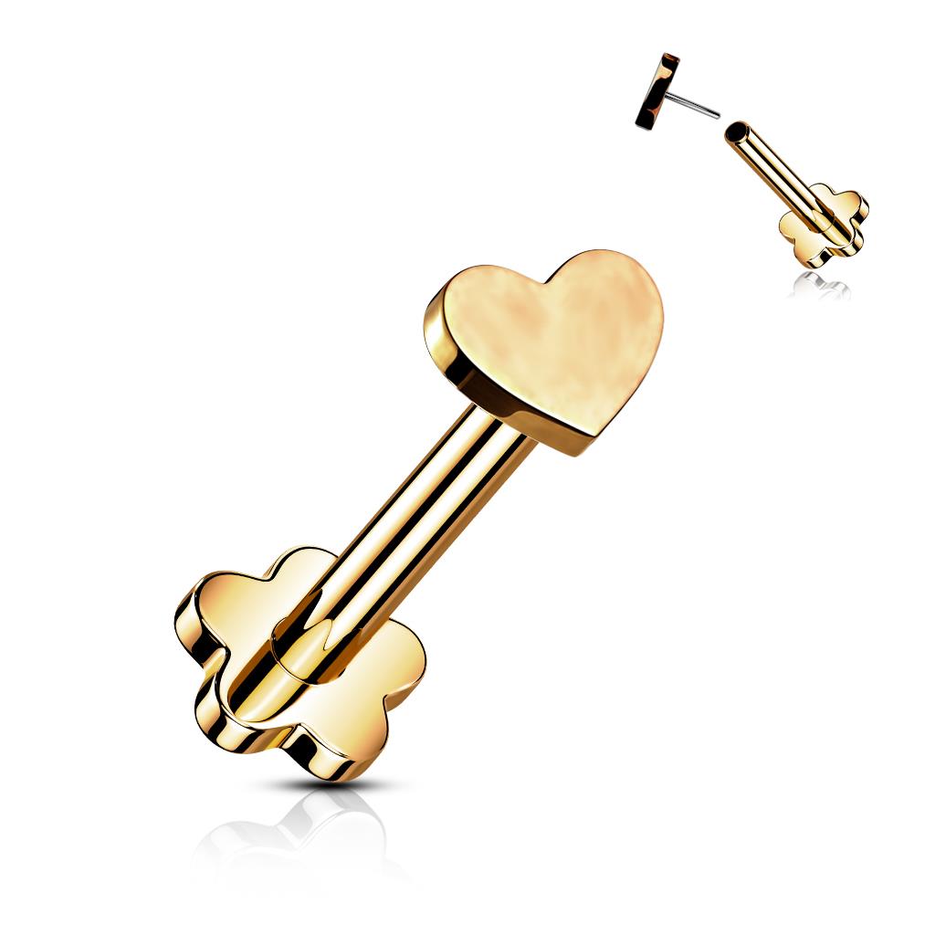 Implant Grade Titanium Threadless Push in Flower Base Labret With Heart Shaped Top Labret Skin Metals Rose gold