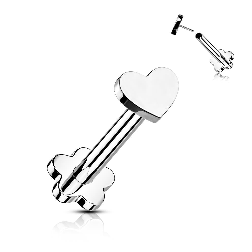 Implant Grade Titanium Threadless Push in Flower Base Labret With Heart Shaped Top Labret Skin Metals Steel/Clear