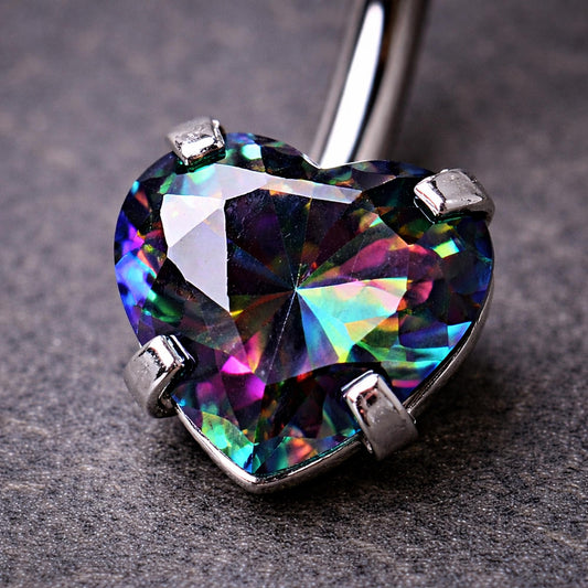 Internally Threaded 316L Stainless Steel Prong Set Vitrail Medium Heart Navel Ring Belly Button Ring Skin Metals