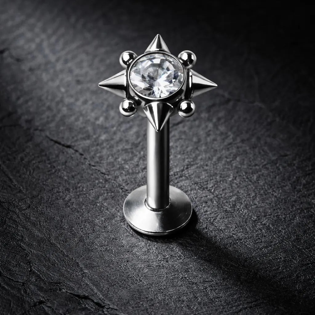 CZ Rhombus Labret Stud 16G Internal Thread Flat Back Lip Cartilage Earring 316L Steel