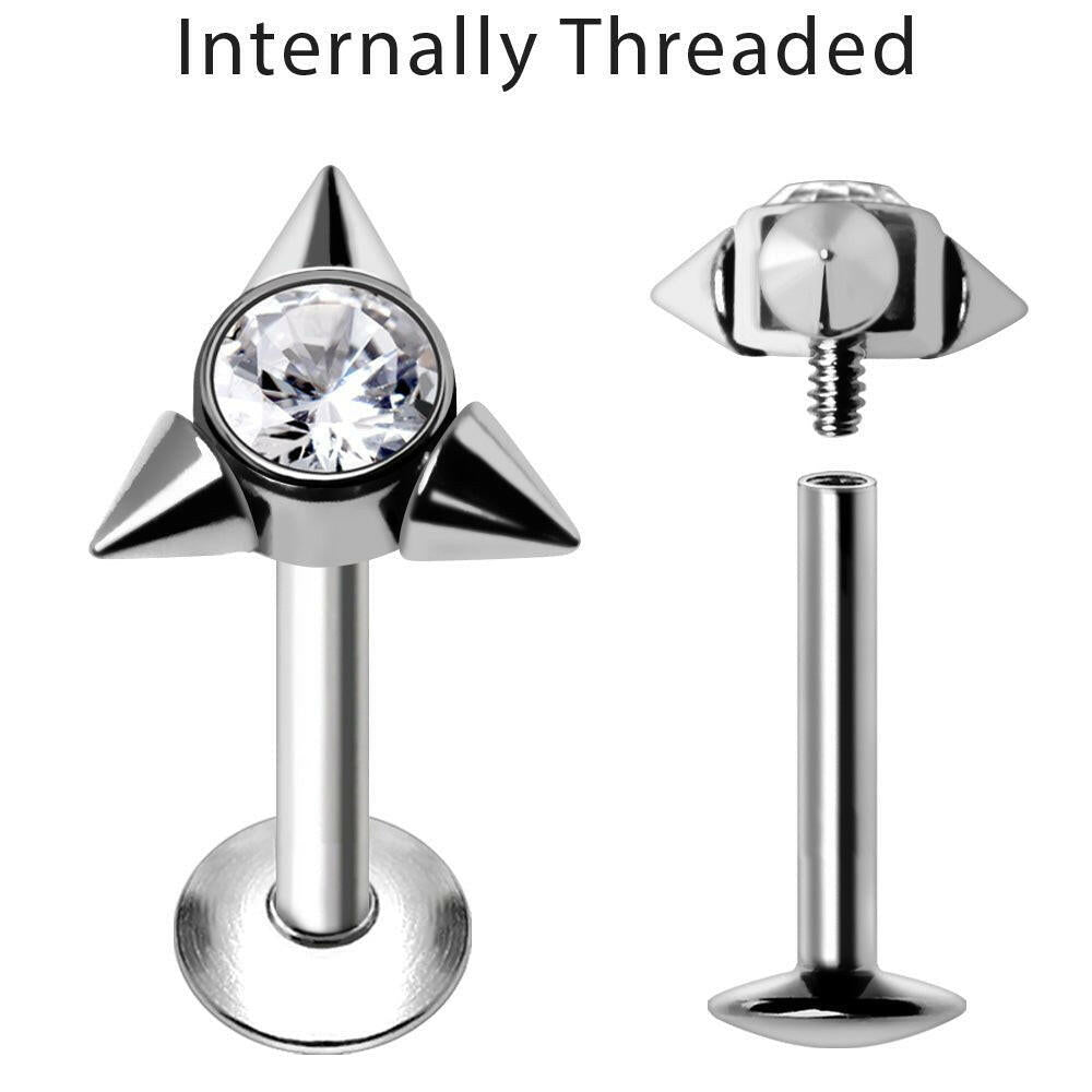 Internally Threaded 316L Stainless Steel Triangle CZ Labret with Spikes