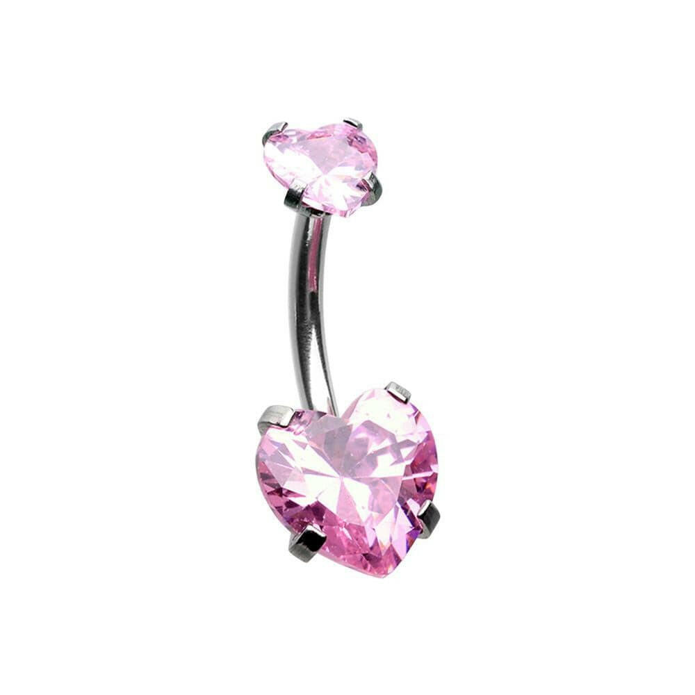 Internally Threaded Cubic Zirconia Double Prong Heart Belly Button Ring Navel Ring Impulse Piercings Pink