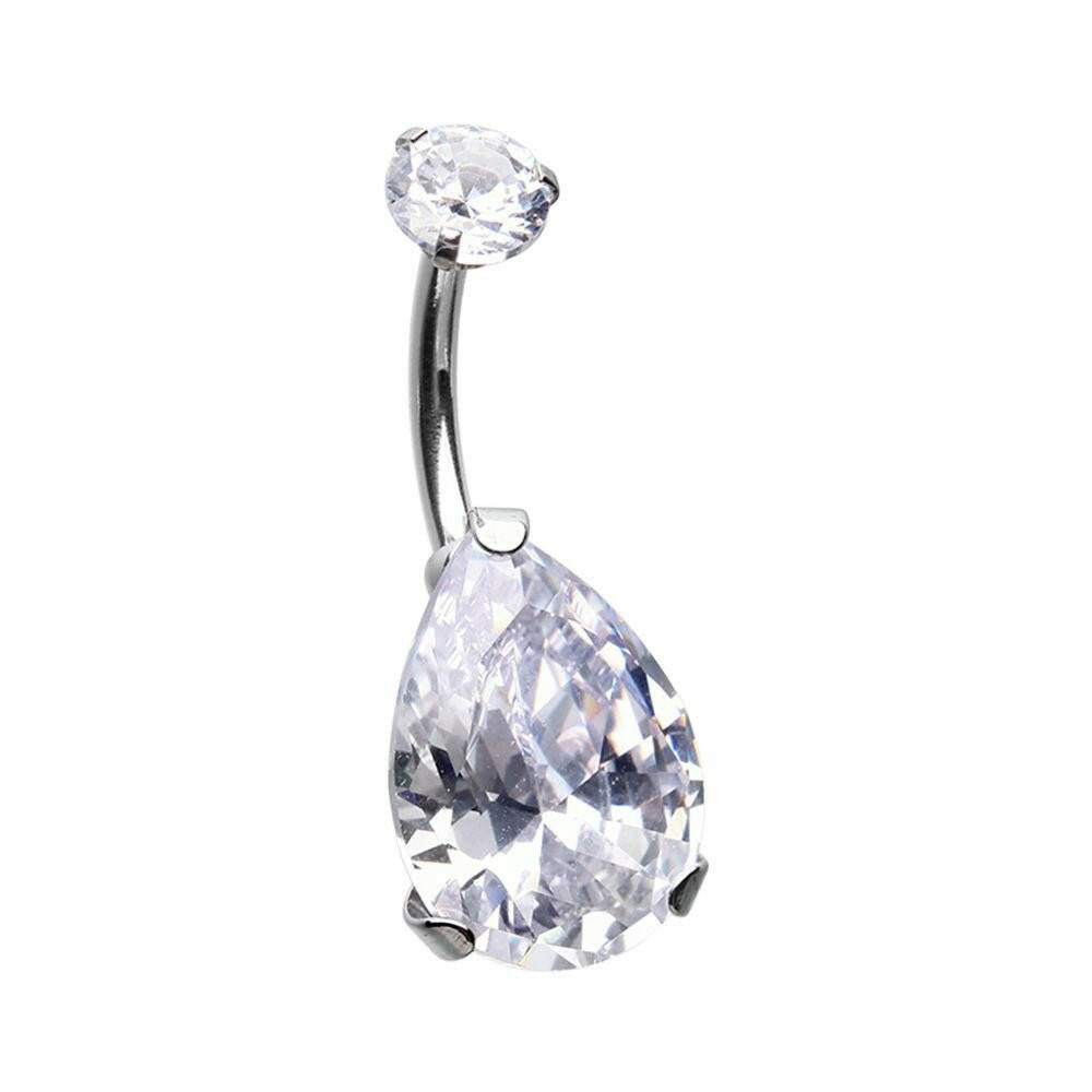 Internally Threaded Cubic Zirconia Prong Teardrop Belly Button Ring Navel Ring Impulse Piercings Clear
