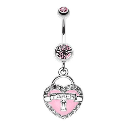 Jeweled Heart Lock Charm Dangle Belly Button Ring Navel Ring Impulse Piercings Light Pink