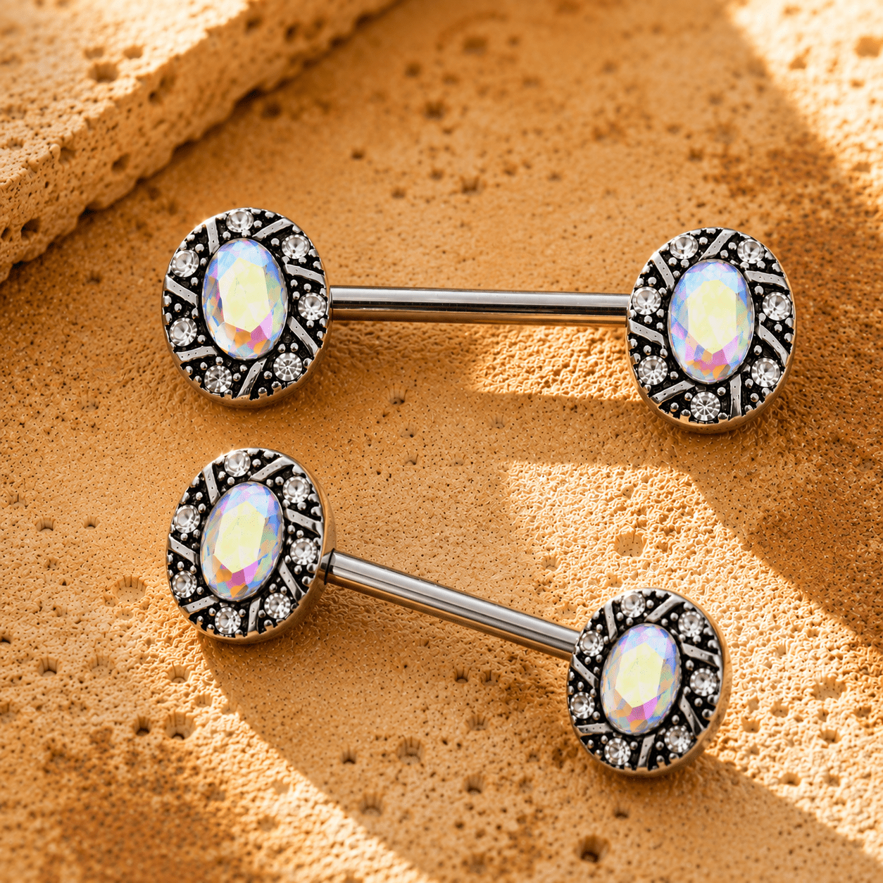 Jeweled Oval Charm Nipple Bar 14G Aurora Borealis CZ Pair