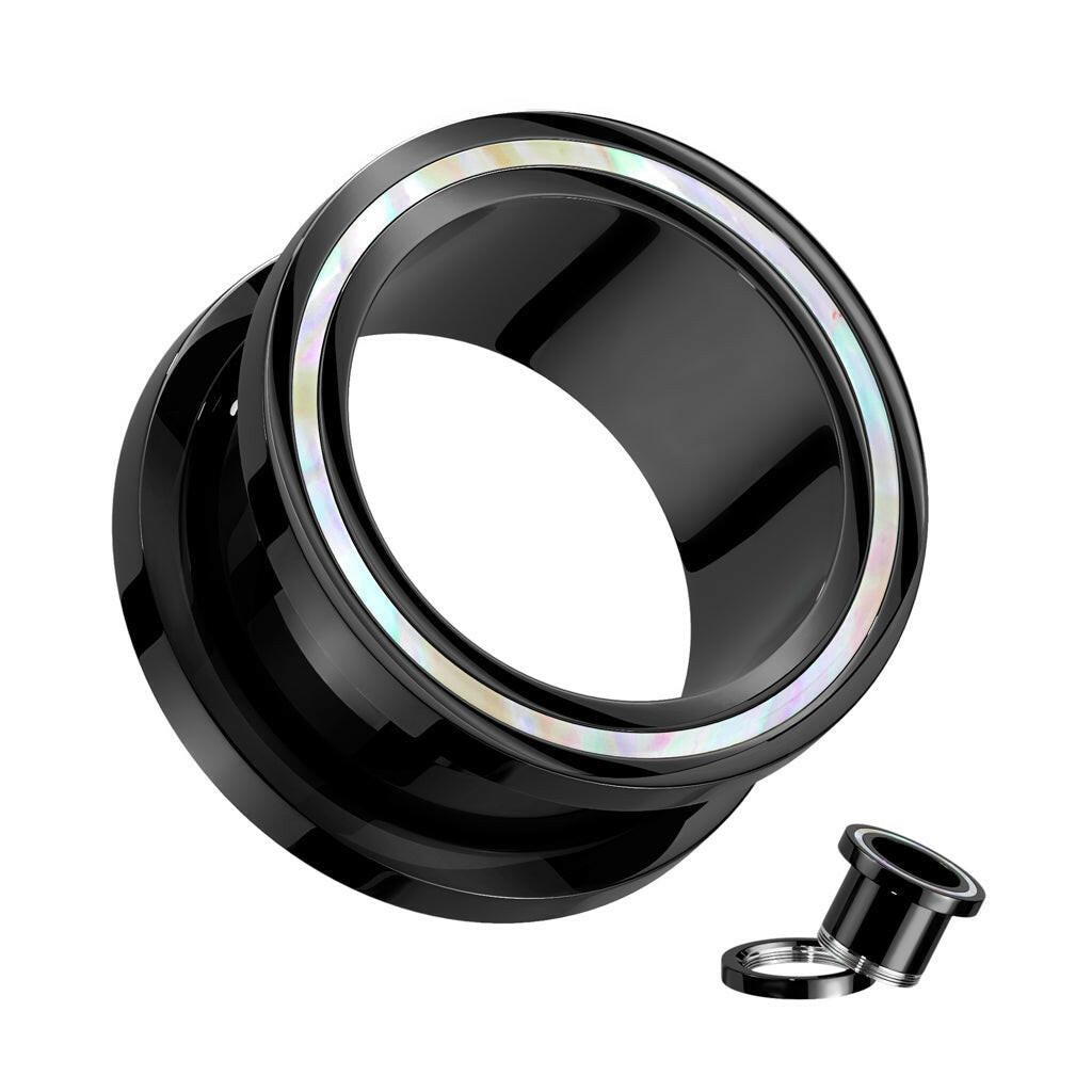 Mother of Pearl Rimmed Black PVD Surgical Steel Screw Fit Tunnel Plugs Impulse Piercings