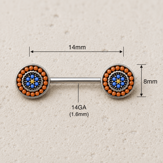nipple bars with bead design and measurements on a beige background