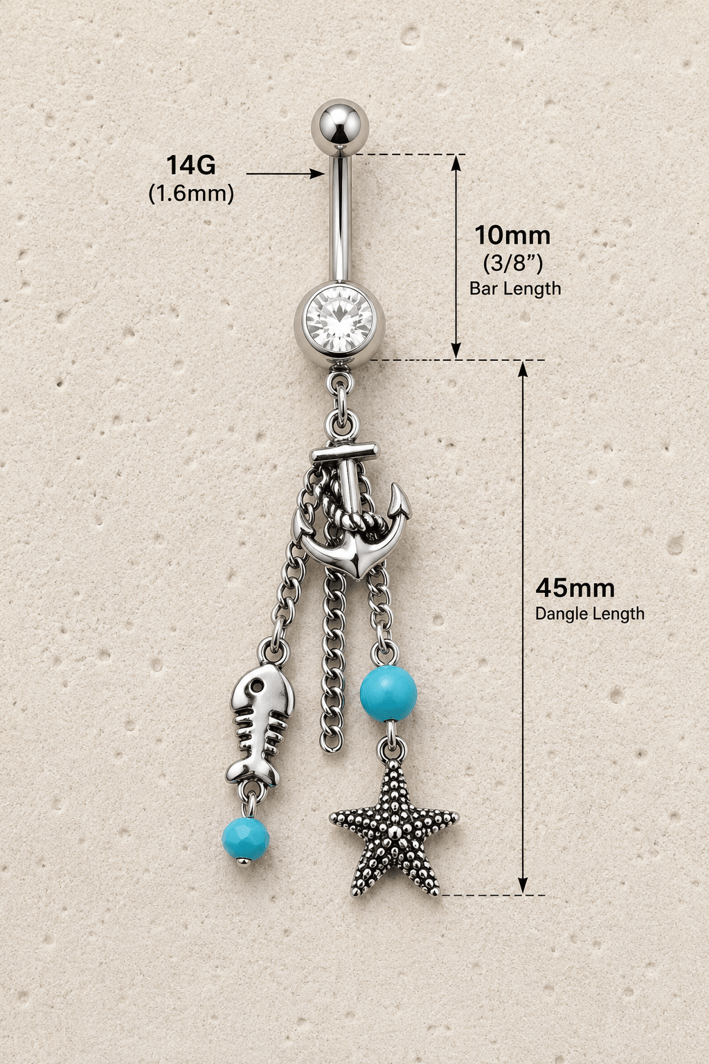 Nautical Beach Charms Dangle Navel Ring 14G Starfish Anchor