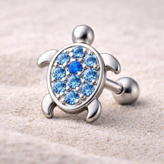 Ocean Blue Turtle Cartilage Earring 16G CZ Steel
